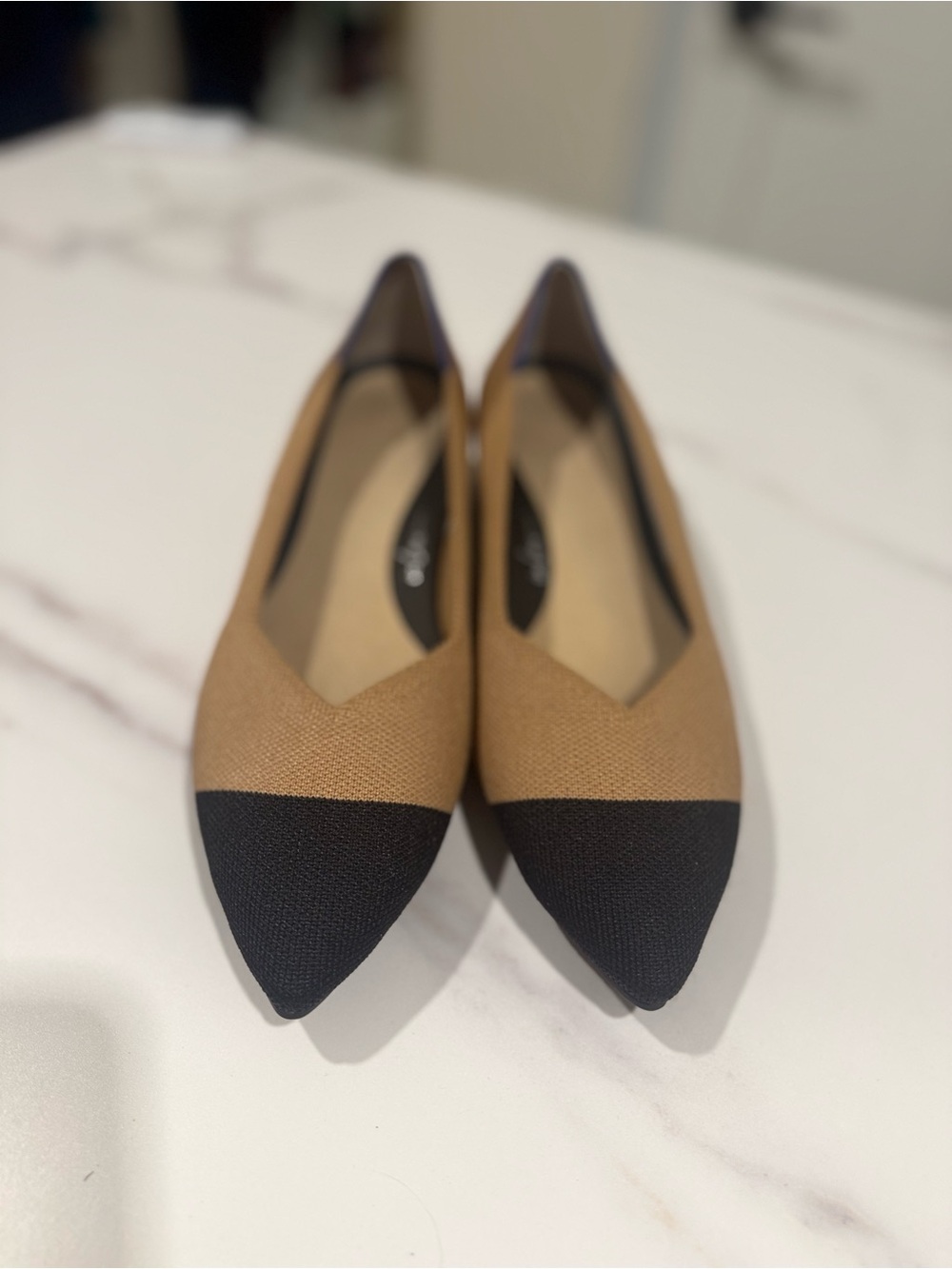 Rothy's Two-Tone Pointed Toe Flats in Tan and Black